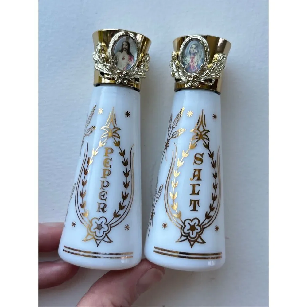VTG Milk Glass Salt Pepper Shakers Religious Jesus Mary Gold Foil Set